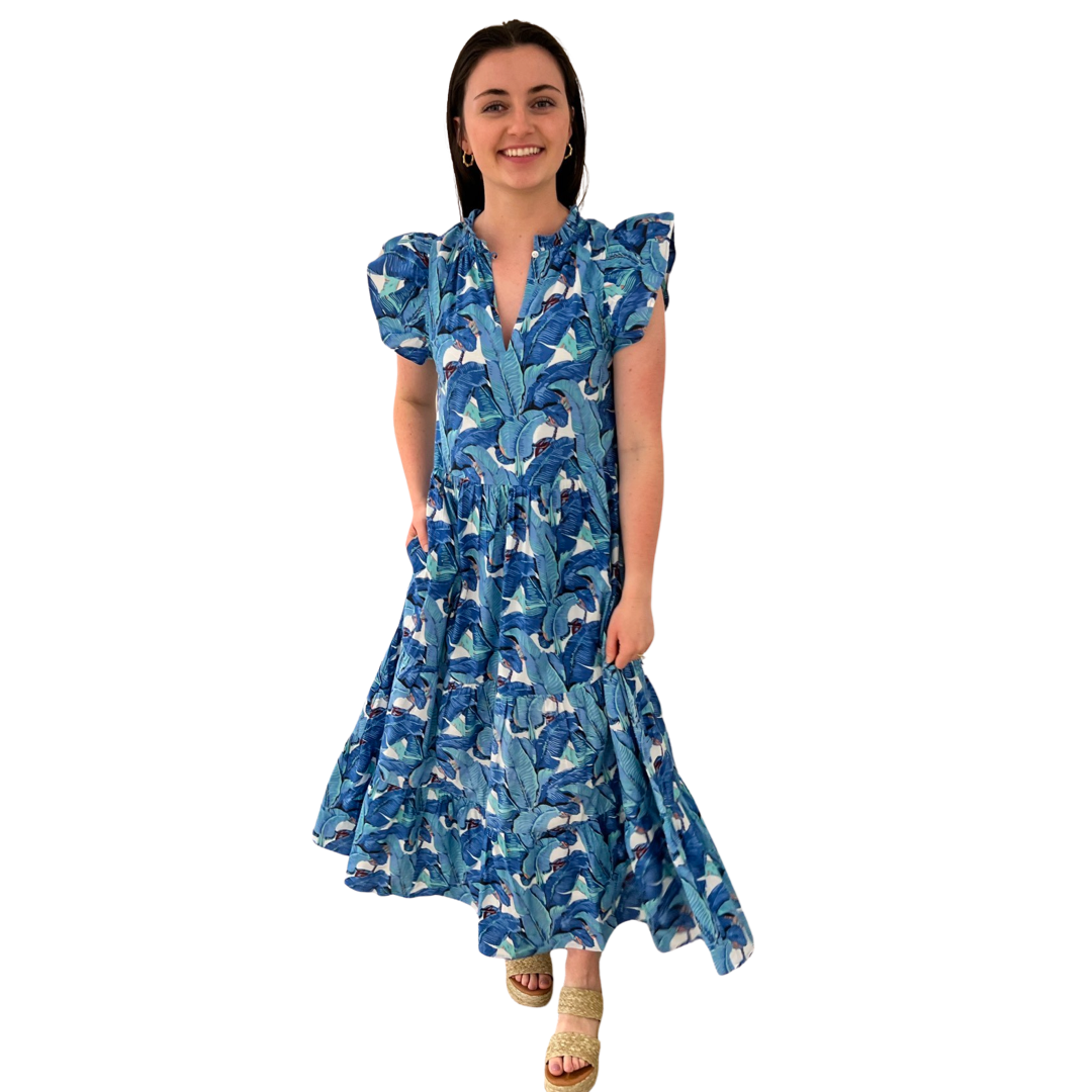 The Tinley Long Length Dress in Blue Palm Leaf Block Print
