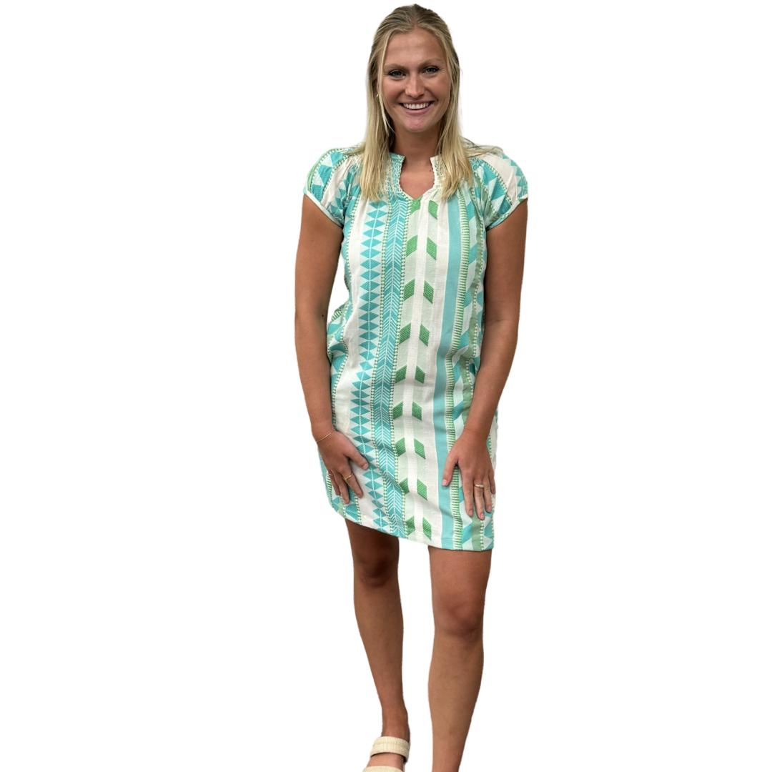 The Michelle Smocked Neck Dress in Turquoise Cream Jacquard