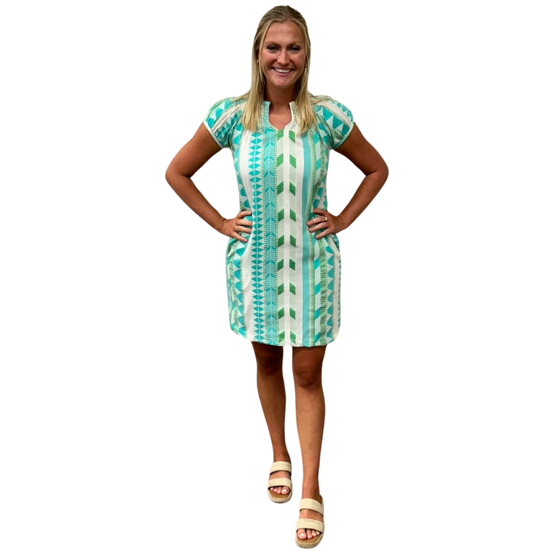 The Michelle Smocked Neck Dress in Turquoise Cream Jacquard – Liza Byrd