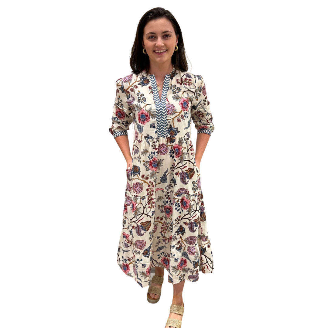 The Daniella Cotton Floral Block Print Dress in French Vanilla Liza Byrd