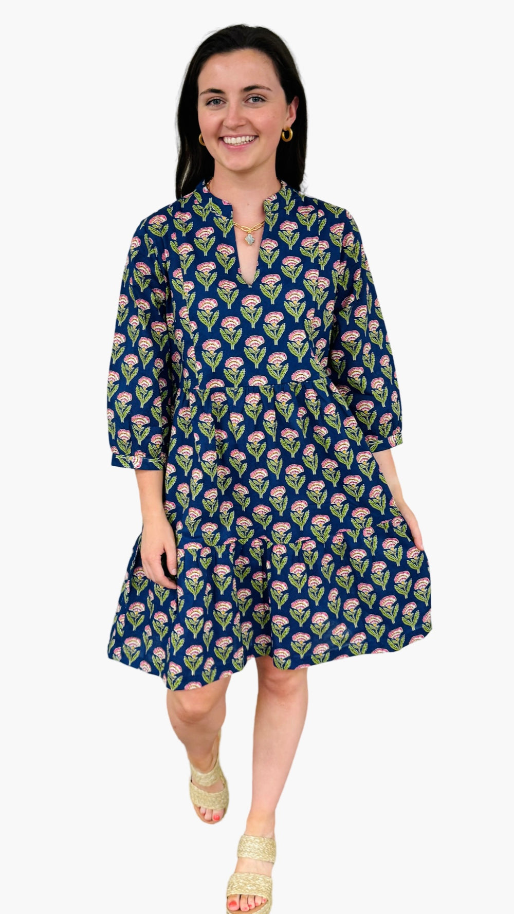 The Preston Hand Block Blue Pink Cotton Floral Dress — view 2