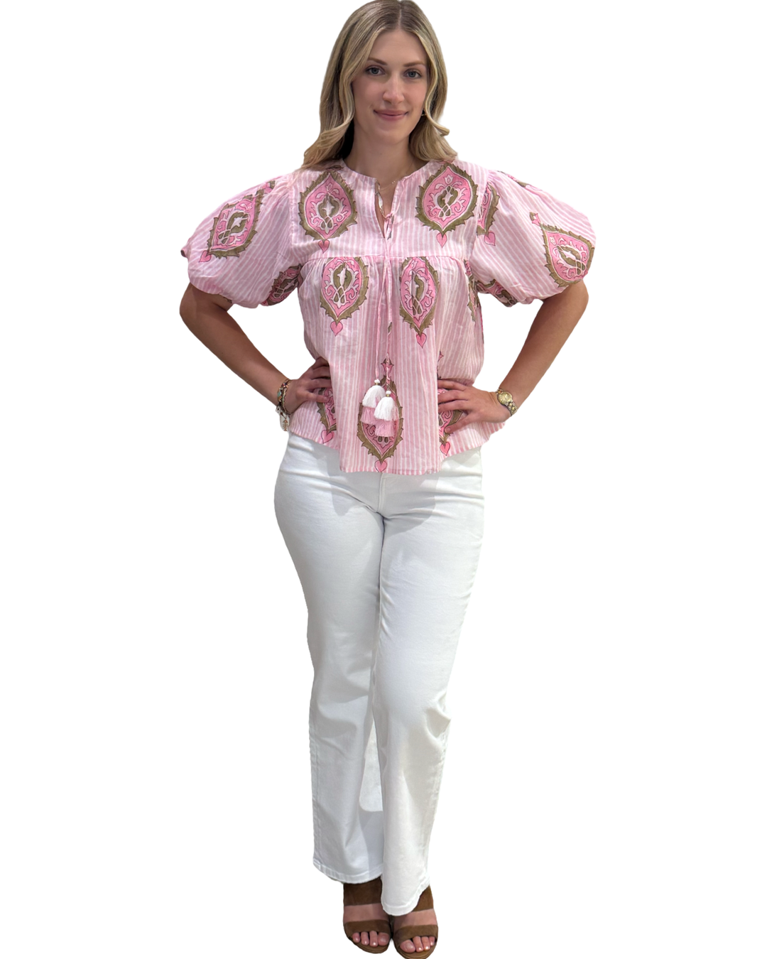 The Poppy Puff Sleeve Top in Pink and Mocha Hand Block — view 3