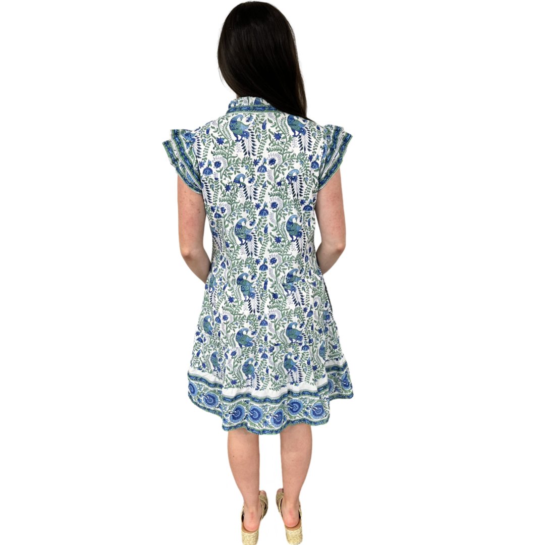 The Lacey Geen and Blue Border Print Cotton Dress — view 6