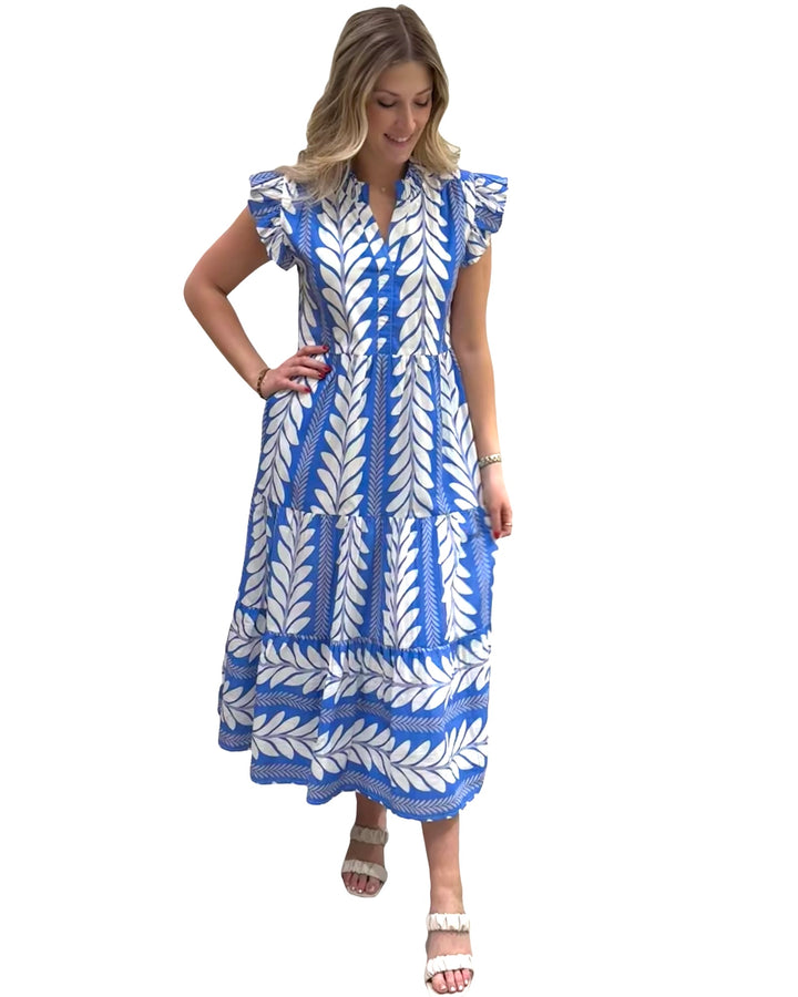 The Campbell Flutter Sleeve Dress in Blue Fern Stripe — view 4