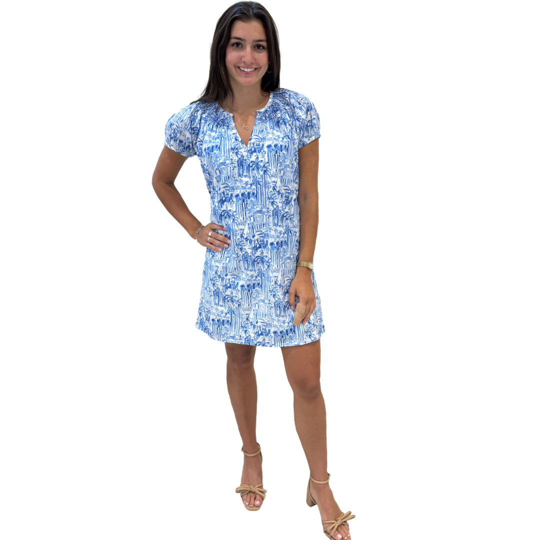 The Michelle Smocked Neck Dress in Blue and White Palm Beach Print