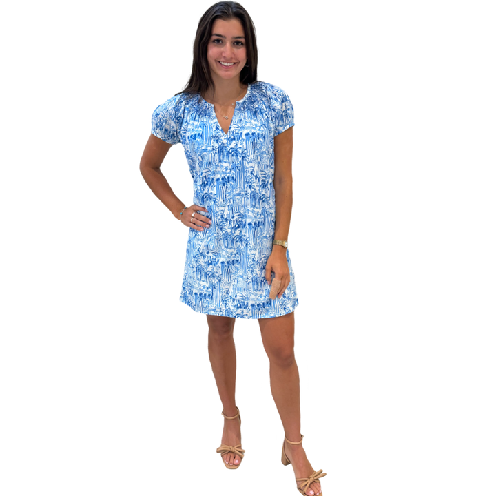 The Michelle Smocked Neck Dress in Blue and White Palm Beach Print