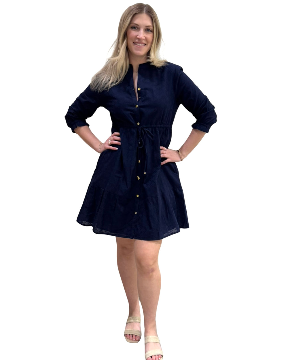 The Hamilton Solid Navy Diamond Jacquard Cotton Tie Front Dress — view 2