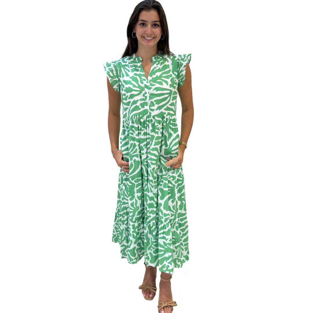 The Campbell Long Flutter Sleeve Dress in Vibrant Green and White — view 8