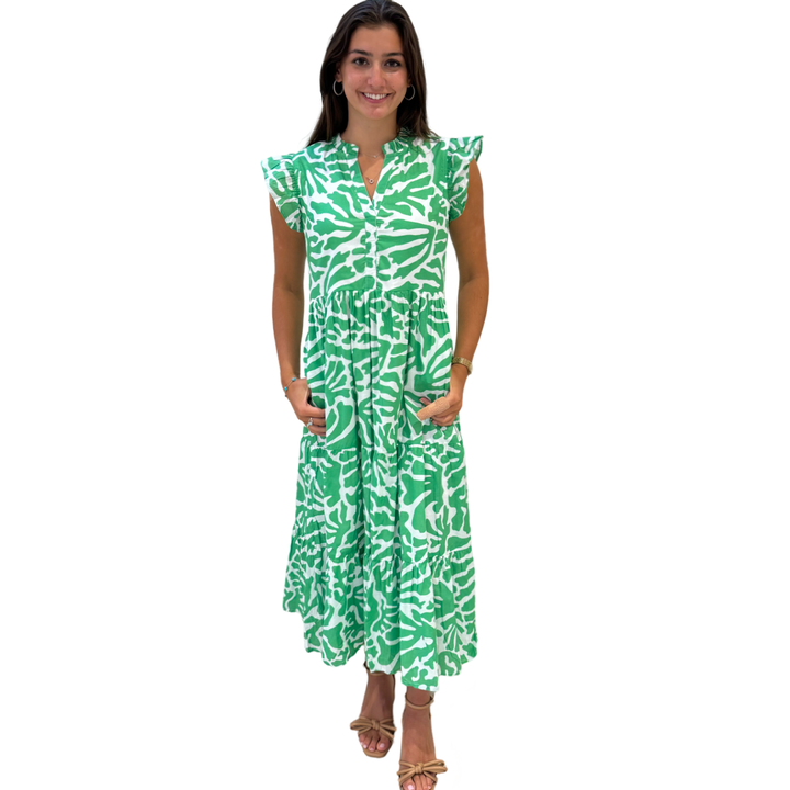 The Campbell Long Flutter Sleeve Dress in Vibrant Green and White — view 8