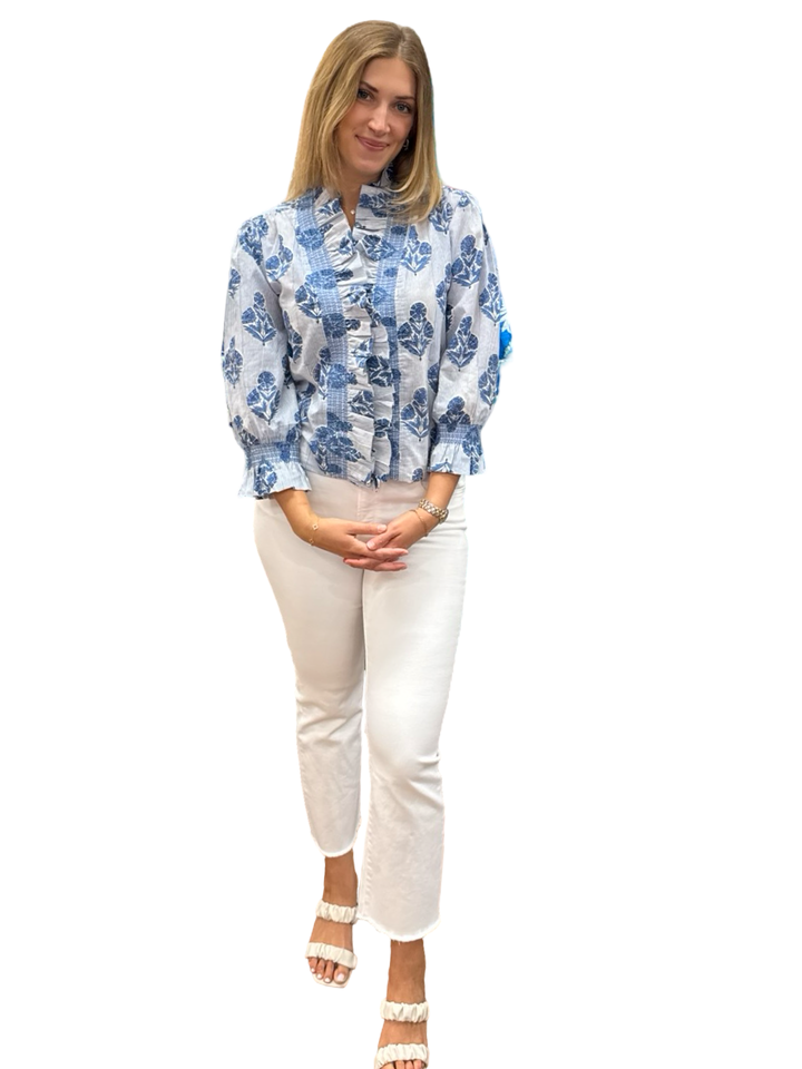 The Amelia Blue Block Print Striped Top