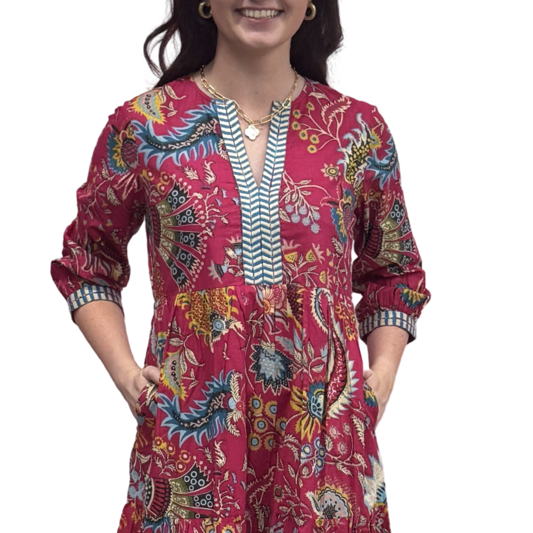 The Daniella Fuchsia Pink Hand Blocked Floral Embroidered Trim Dress — view 4