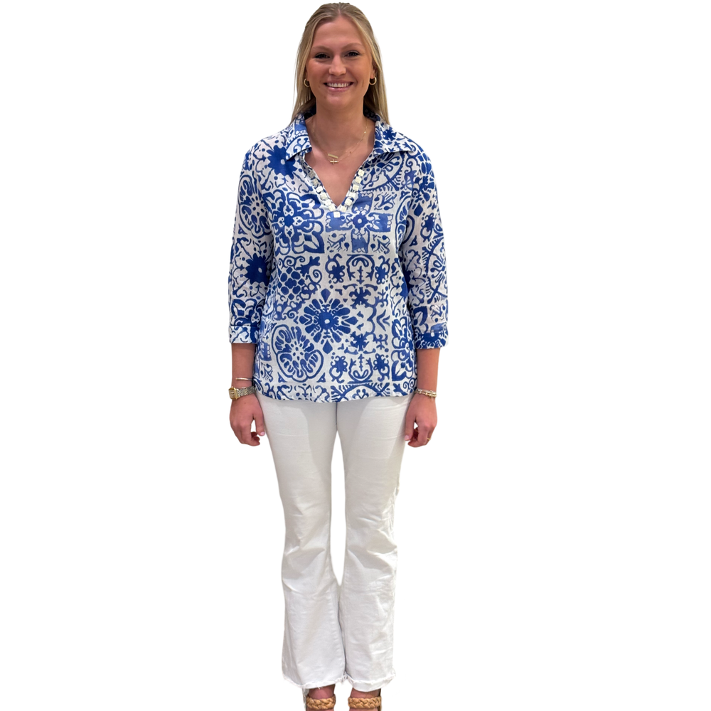 The Carly White Blue Mosaic Print Top — view 2