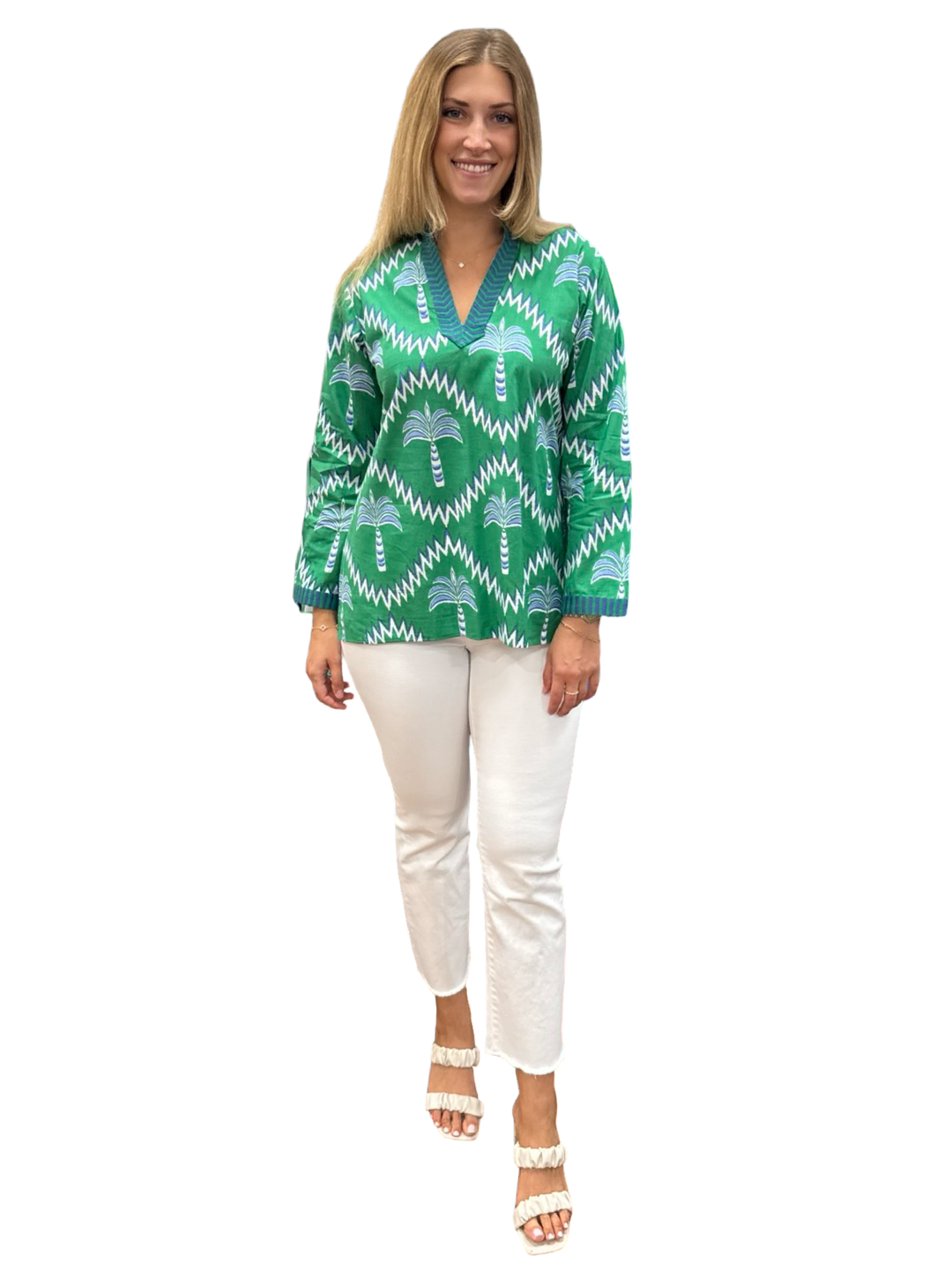 The Winslow Embroidered Trim Tunic in Green Navy Palm Print — view 6