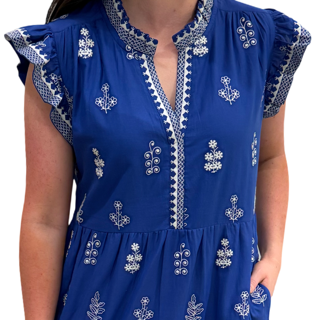 The Campbell Embroidered Dress in Royal and White — view 6