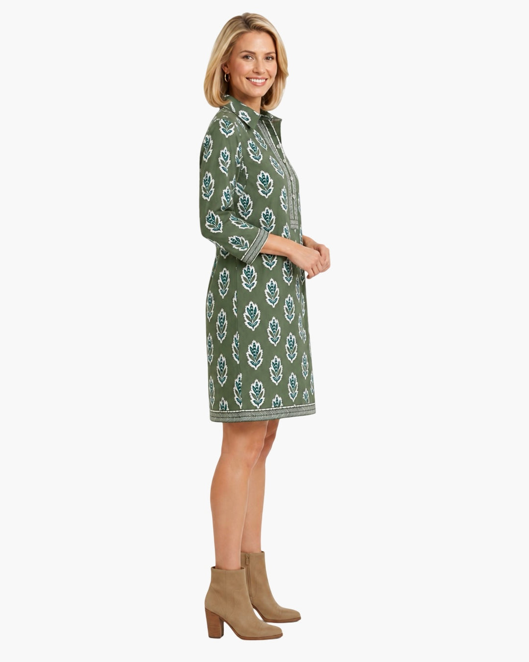The Annika Cotton Hand Block Printed Dress in Army Green