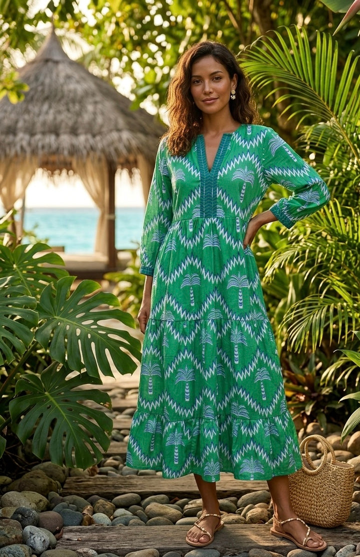 The Daniella Cotton Embroidered Trim Dress in Green Blue Palm Print — view 4