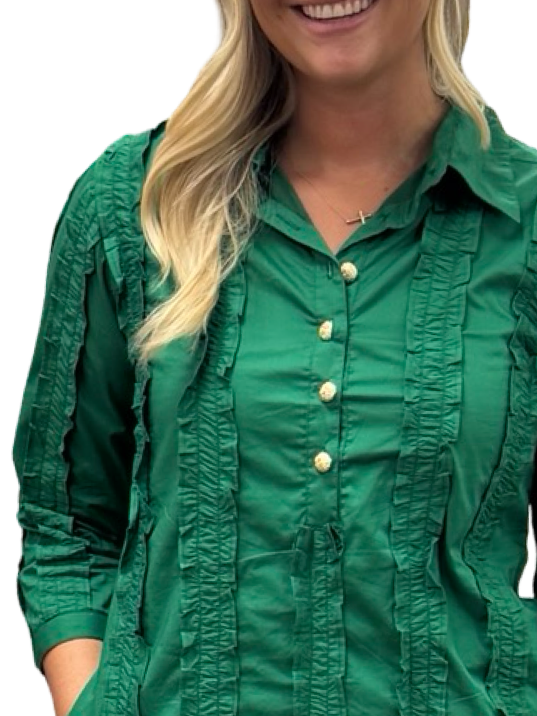 The Annika Button Front Shirt Dress in Emerald Green Ruffled Cotton