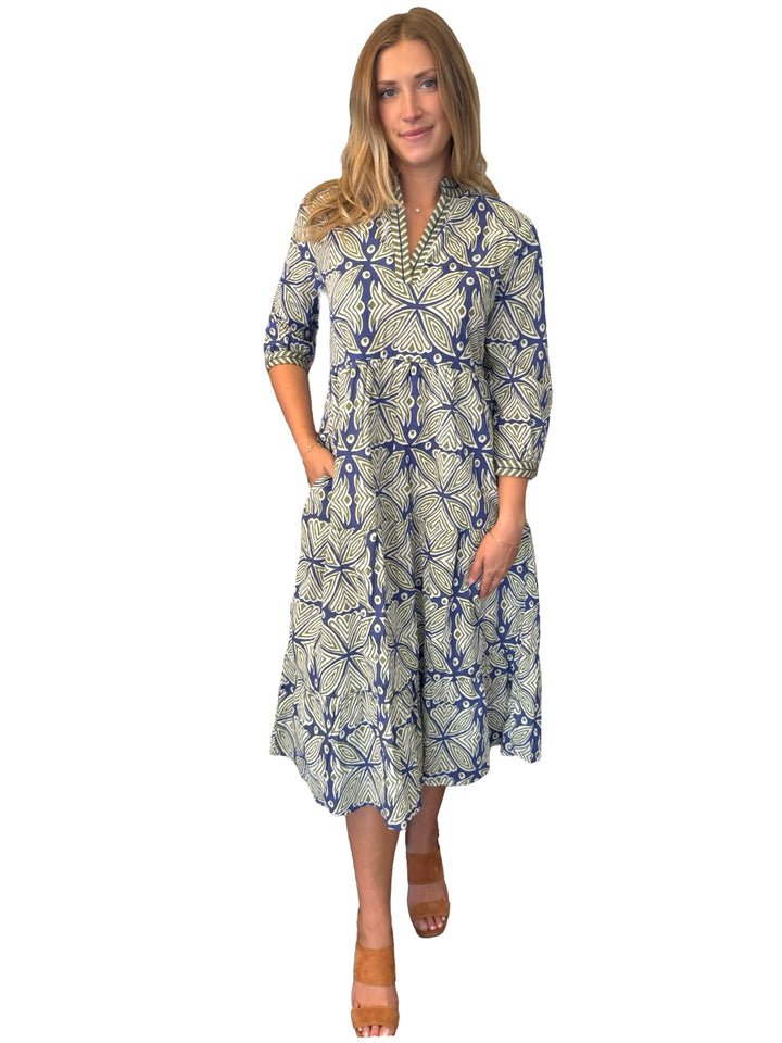 The Daniella Embroidered Trim Dress in Navy Green