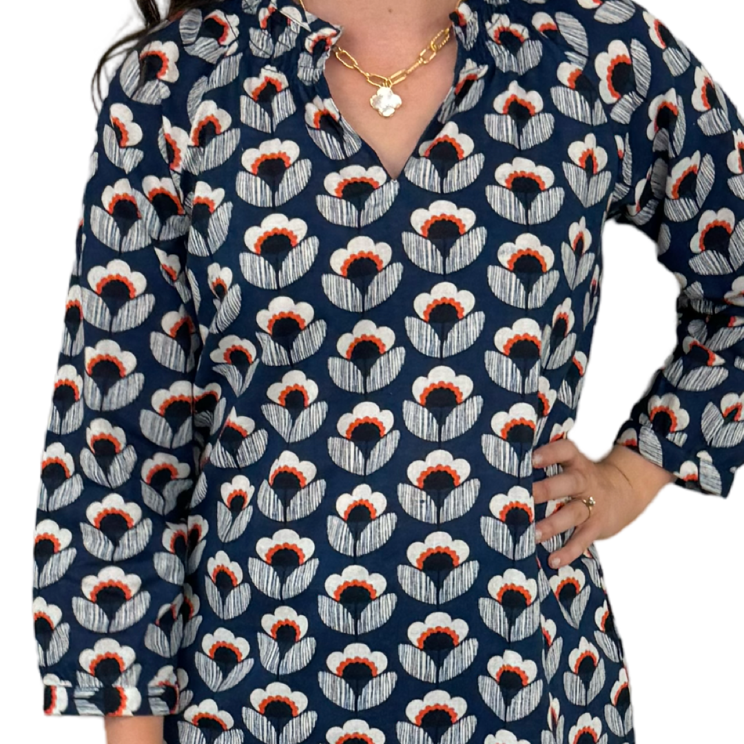 The Dahlia Smocked Neck Top in Navy and Orange Floral — view 3