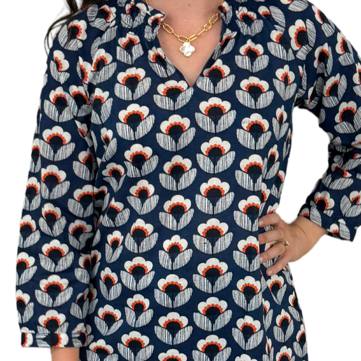 The Dahlia Smocked Neck Top in Navy and Orange Floral — view 3