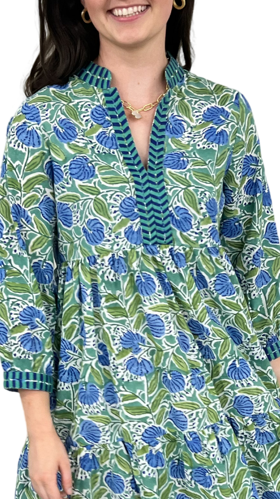The Naomi Hand Block Printed Embroidered Trim Floral Dress in Green and Blue — view 7