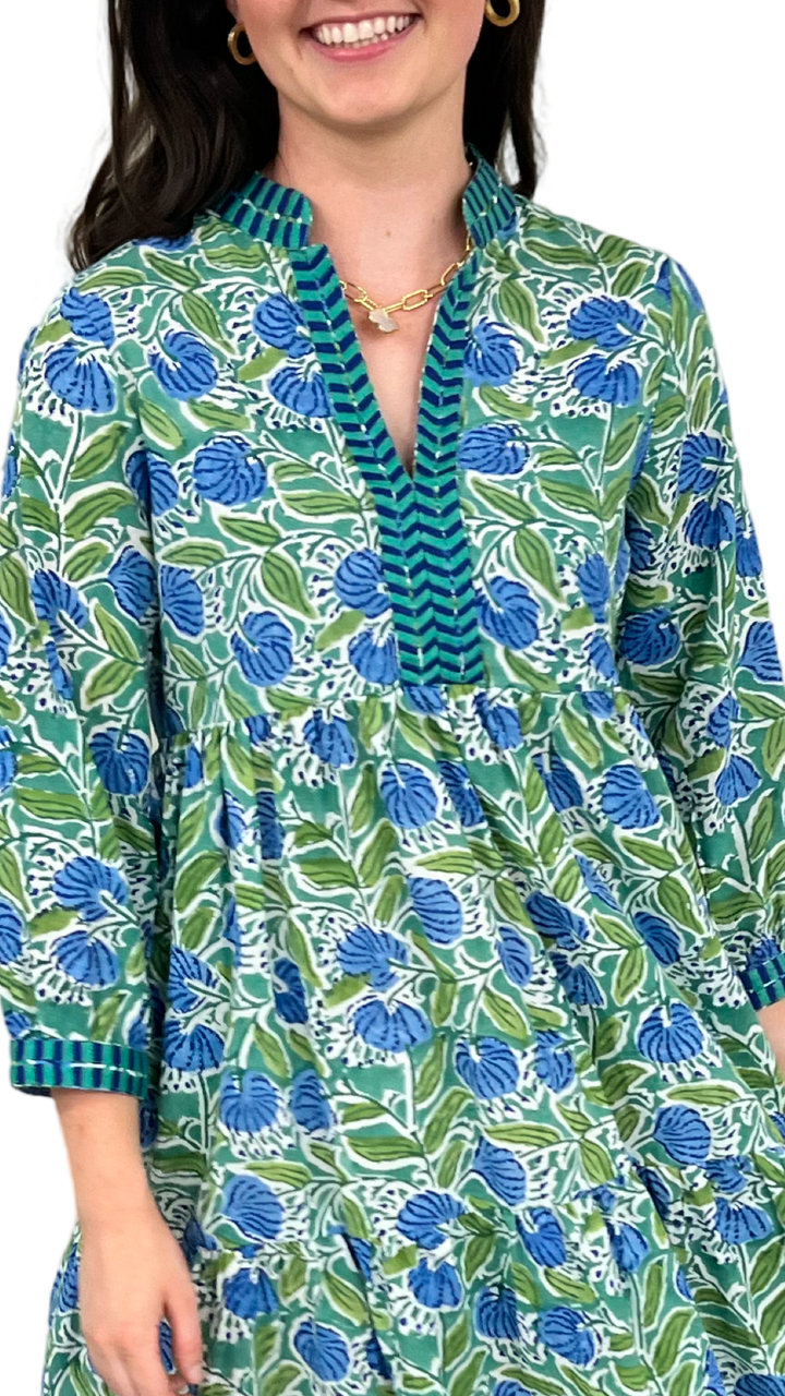 The Naomi Hand Block Printed Embroidered Trim Floral Dress in Green and Blue — view 7