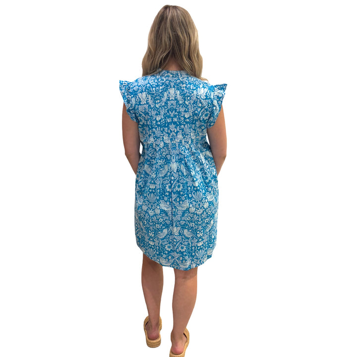The Maggie Flutter Sleeve Dress in Turquoise and White — view 5