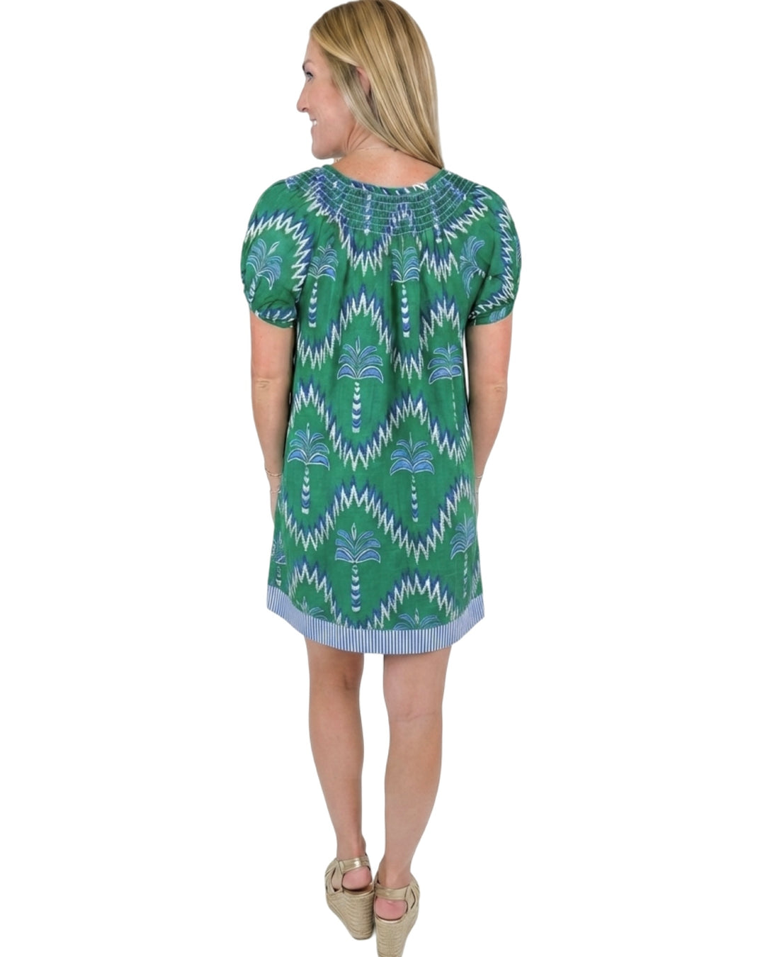 The Michelle Smocked Neck Dress in Green Blue Palm Print