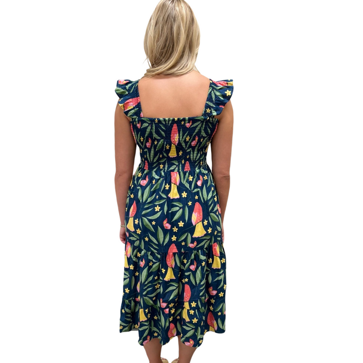The Cloey Navy Smocked Bird Print Dress — view 4