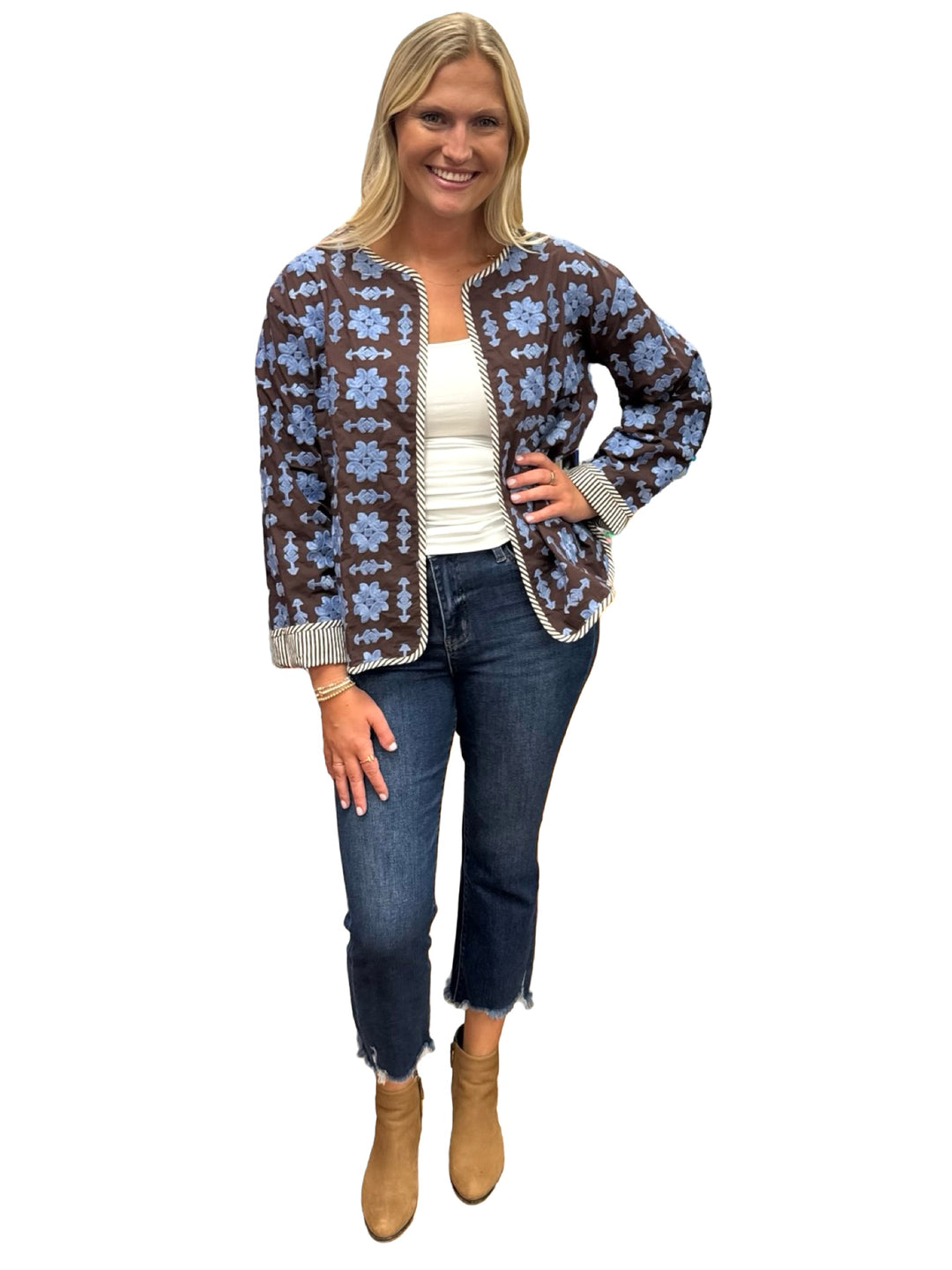 The Nellie Reversible Applique Jacket in Brown and Periwinkle Blue