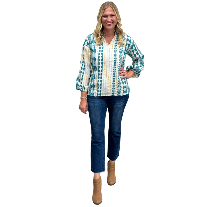 The Phoebe Emerald and Gold Cotton Jacquard Striped Top — view 3