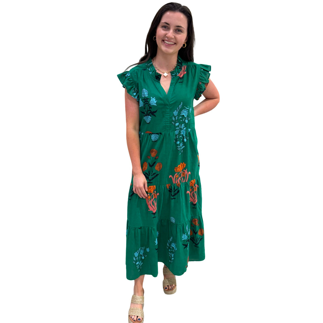 The Campbell Flutter Sleeve Dress in Emerald Green Floral — view 3