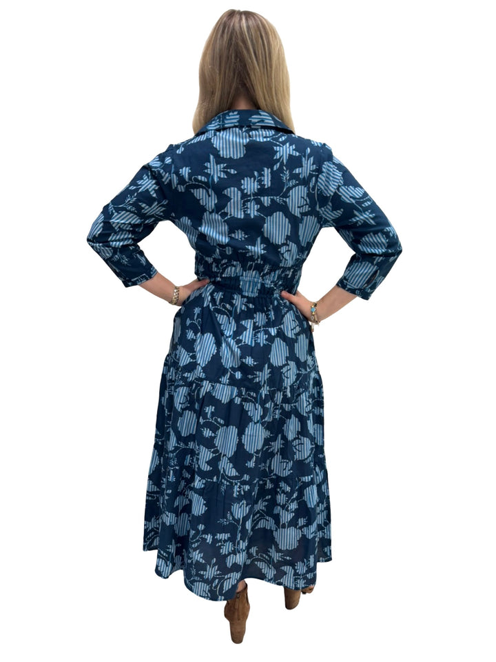 The Sydney Cinch Waist Dress in Navy Blue Striped Leaf Print — view 4