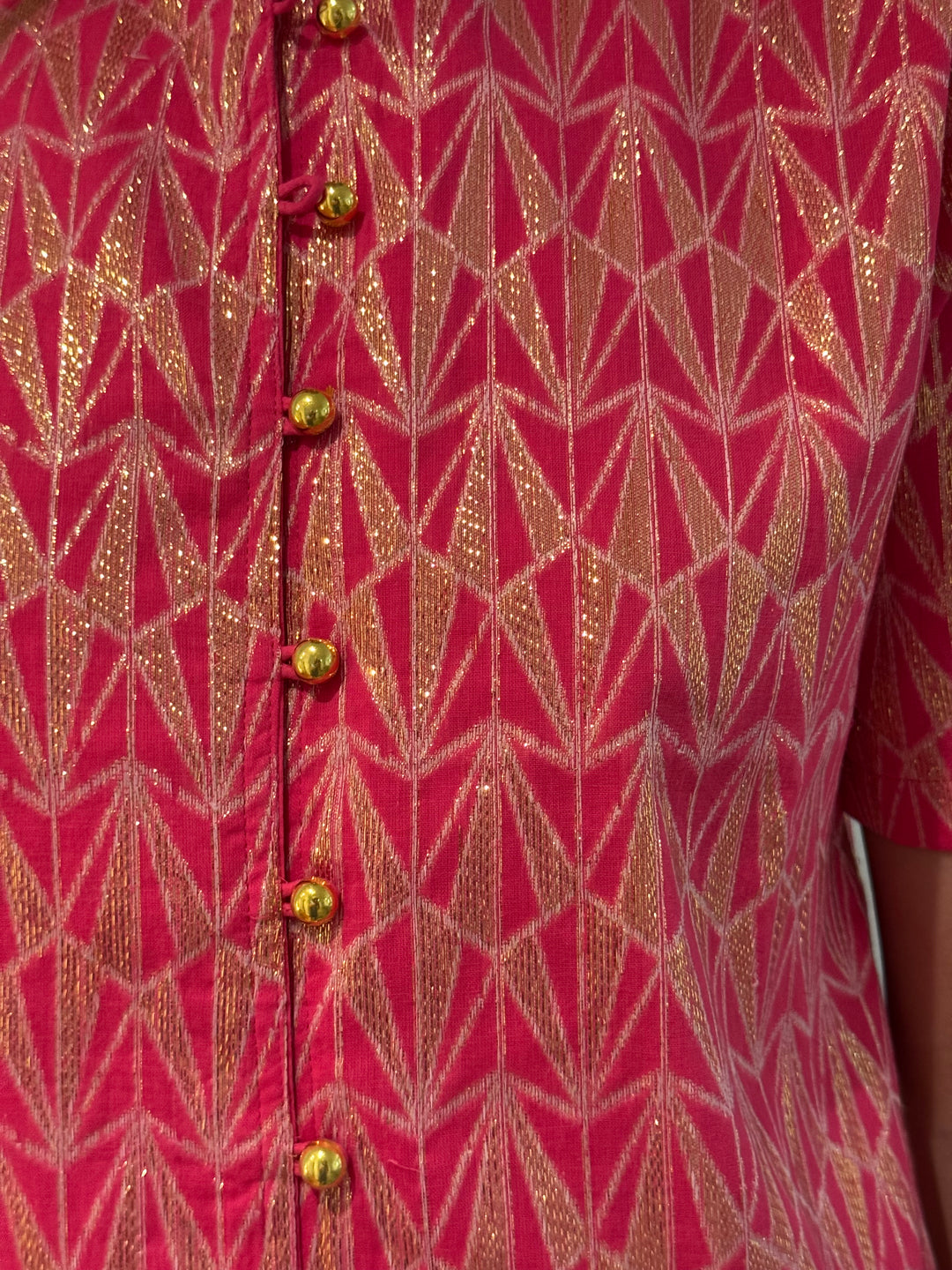 The Tabitha Button Front Dress in Pink and Gold Jacquard — view 6