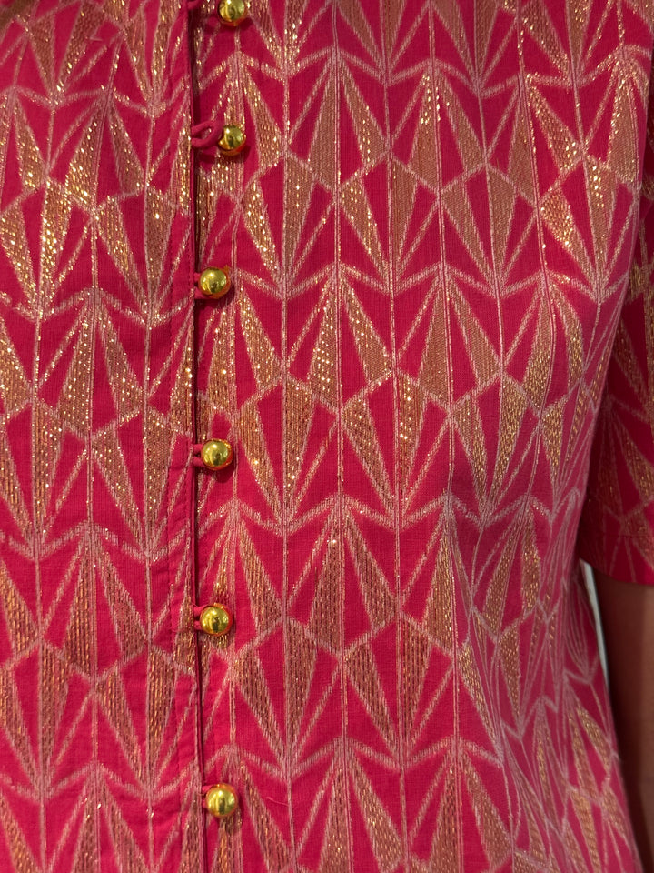 The Tabitha Button Front Dress in Pink and Gold Jacquard — view 6