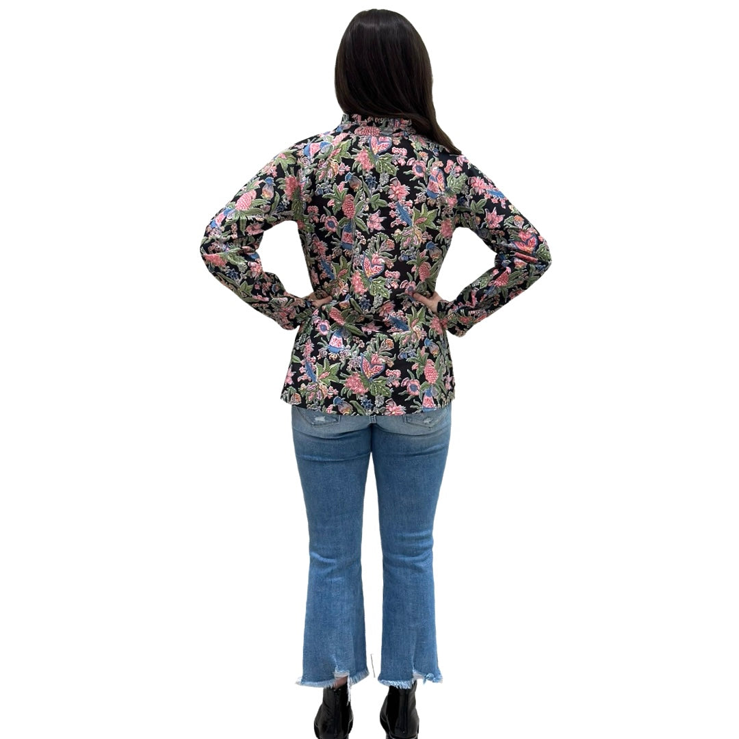 The Embry Cotton Block Print Floral Button Front Top in Midnight Floral — view 7