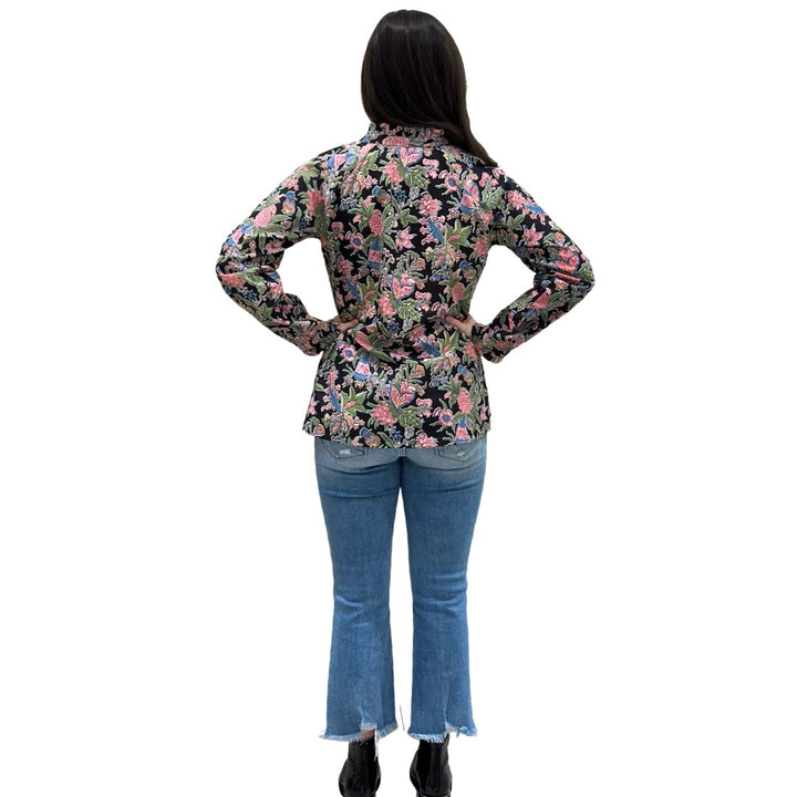 The Embry Cotton Block Print Floral Button Front Top in Midnight Floral — view 7
