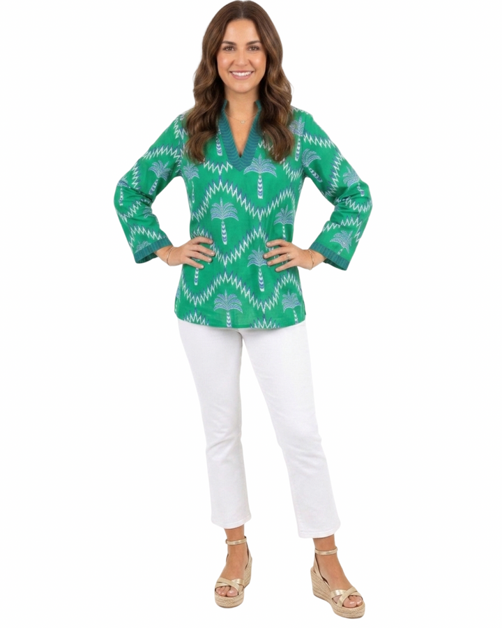 The Winslow Embroidered Trim Tunic in Green Navy Palm Print