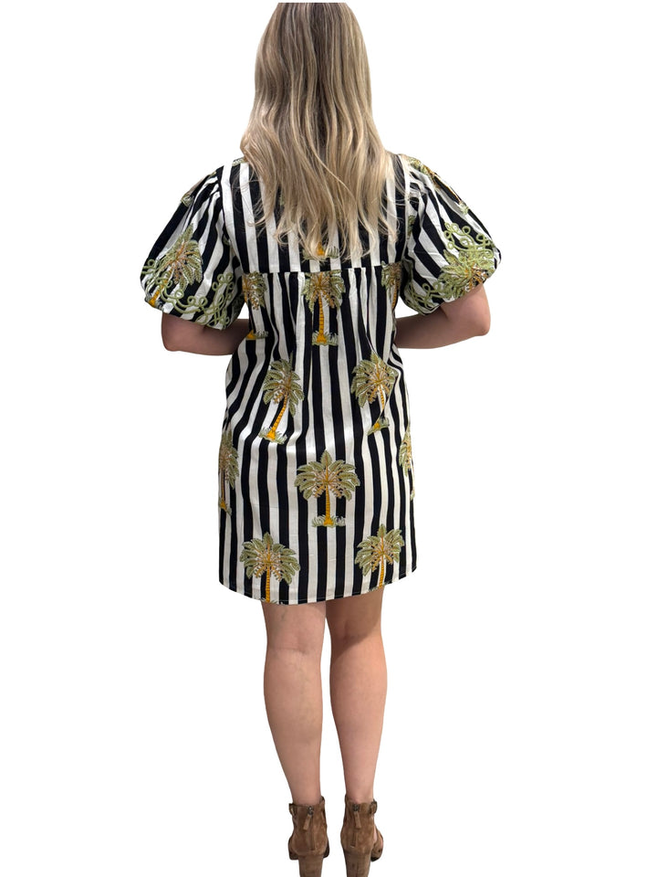 The Poppy Striped Palm Print Dress in Black and White — view 6