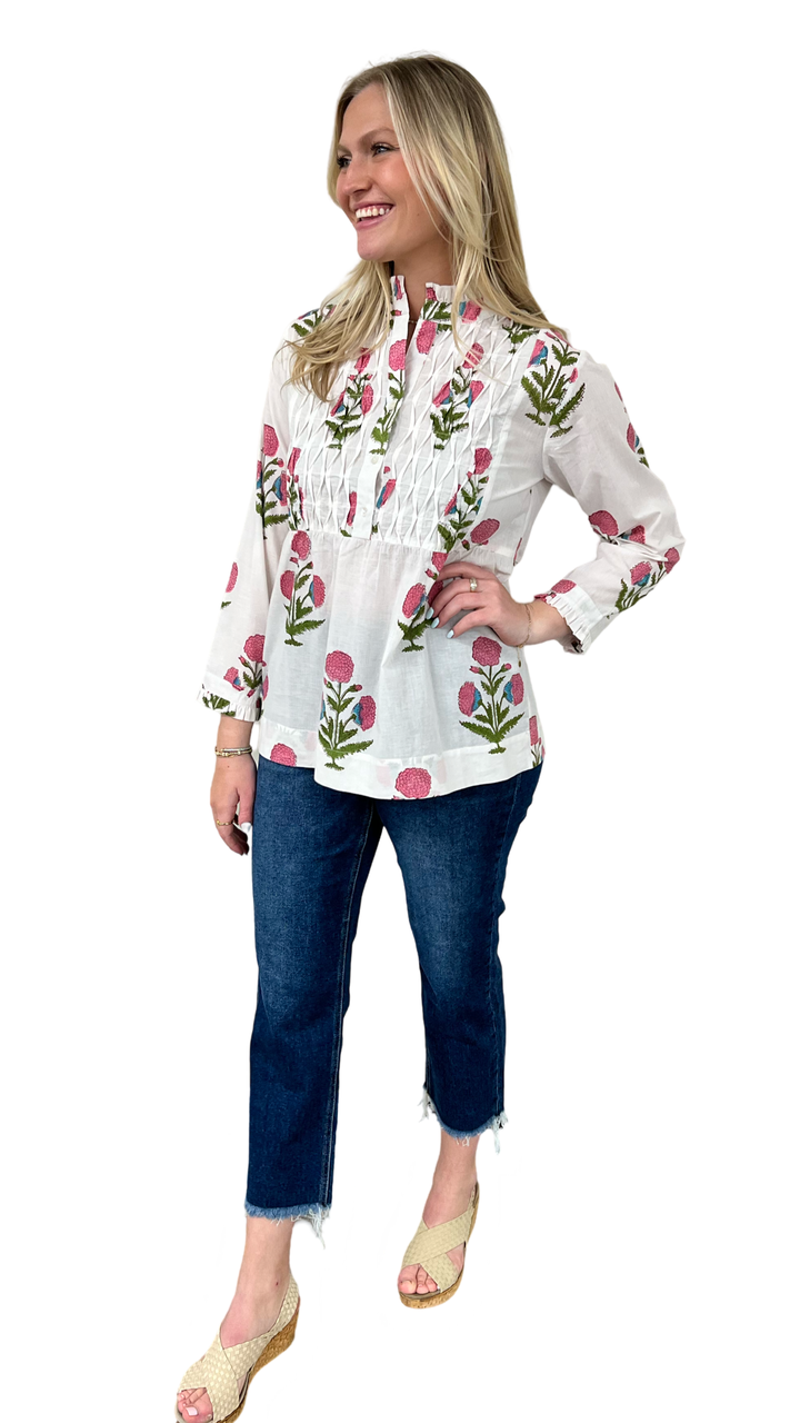 The Veronica Smocked Button Front Top in Hand-Blocked Cotton Floral — view 4