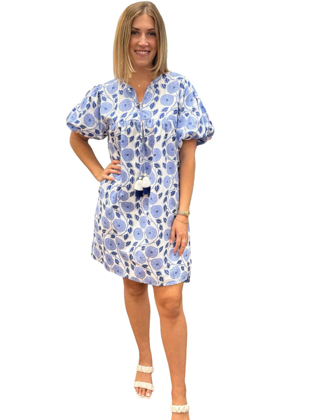 The Poppy Dress in White Blue Hand Block Floral