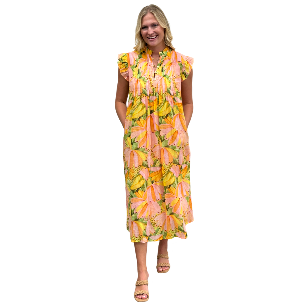 The Maggie Tropical Print Long Dress in Peach — view 3