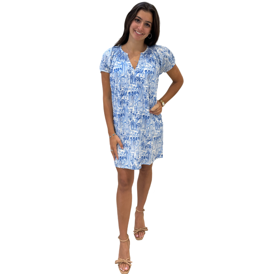 The Michelle Smocked Neck Dress in Blue and White Palm Beach Print — view 2