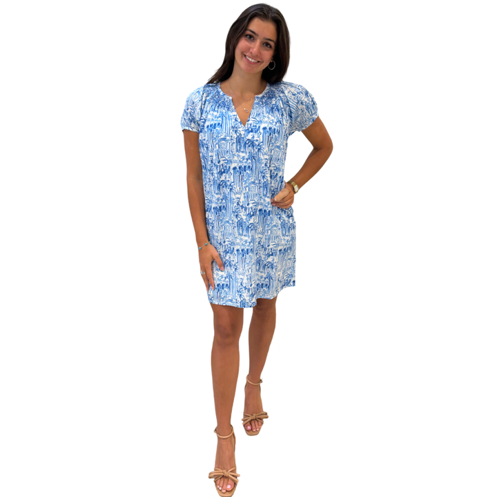 The Michelle Smocked Neck Dress in Blue and White Palm Beach Print — view 2