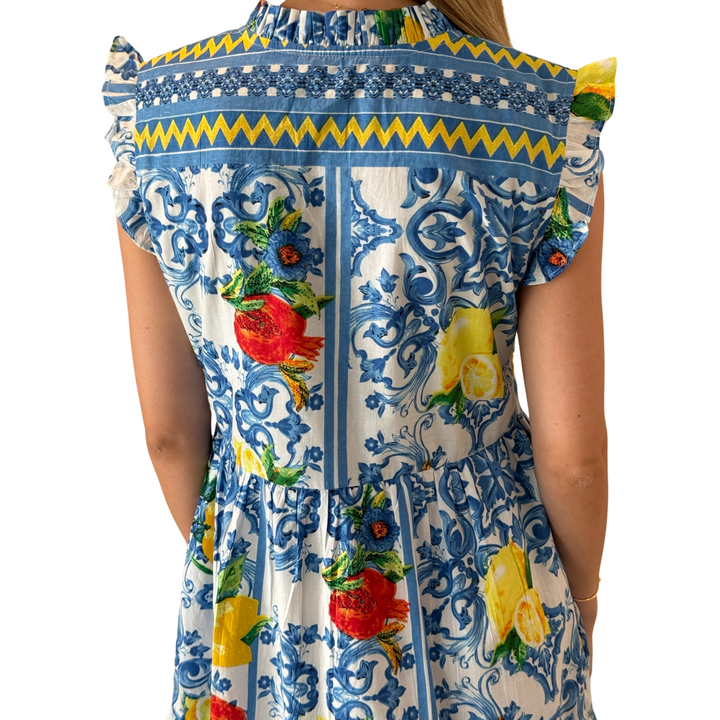 The Campbell Cotton Lemon Print Dress in Blue and Yellow — view 8