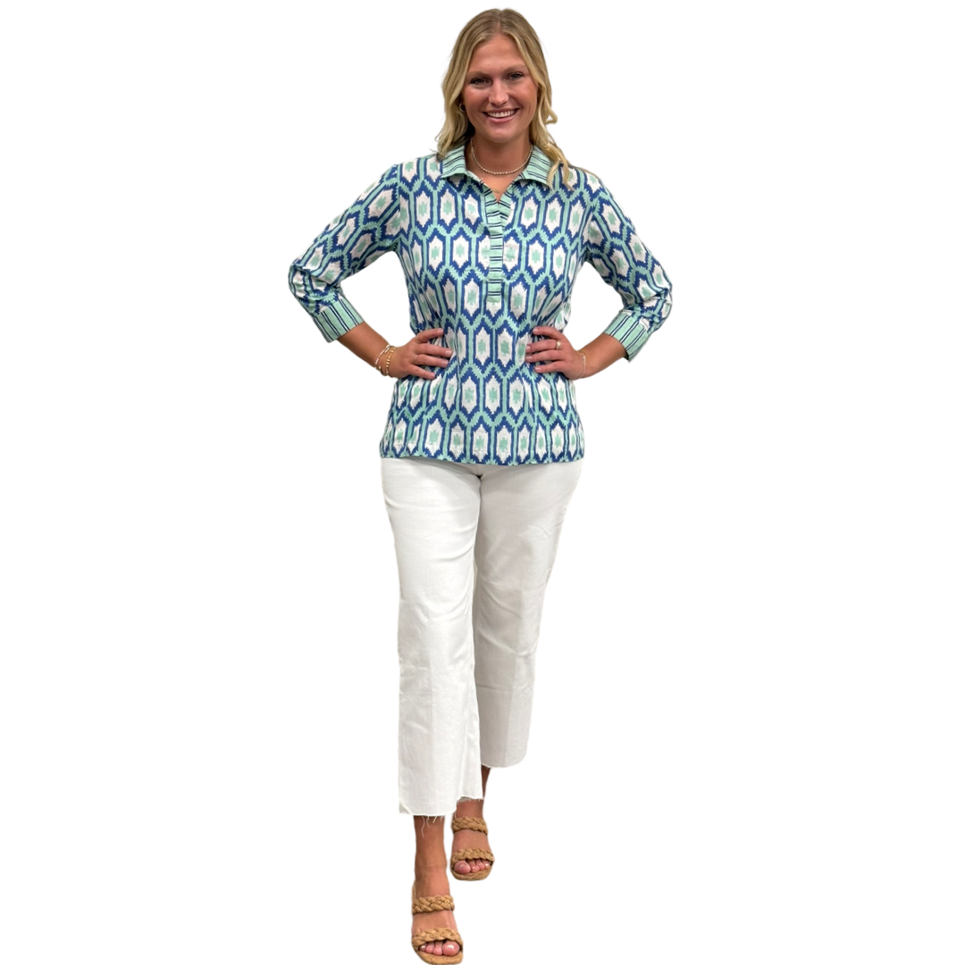 The Lisette Top in Green Blue Ikat