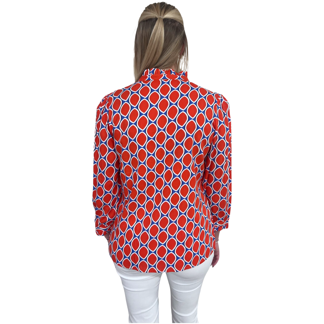 The Carrie Tangerine and Blue Ruffle Trimmed Top — view 4