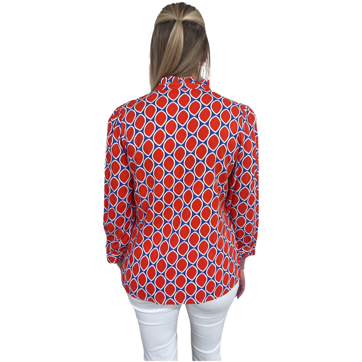 The Carrie Tangerine and Blue Ruffle Trimmed Top — view 4