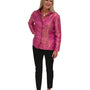 The Diana Button Front Ruffle Collar Top in Pink and Gold Jaquard