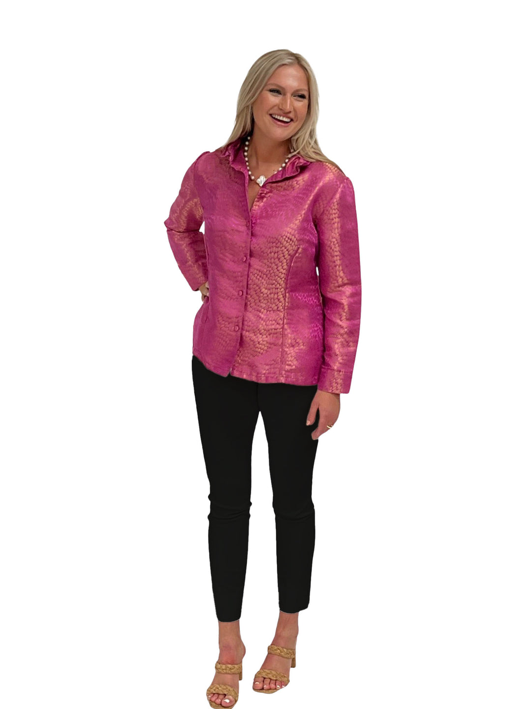 The Diana Button Front Ruffle Collar Top in Pink and Gold Jaquard
